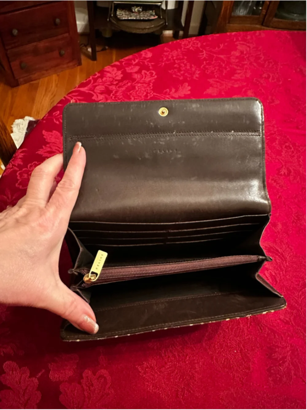 Celine Brown & Beige Canvas & Leather Monogram Long Wallet